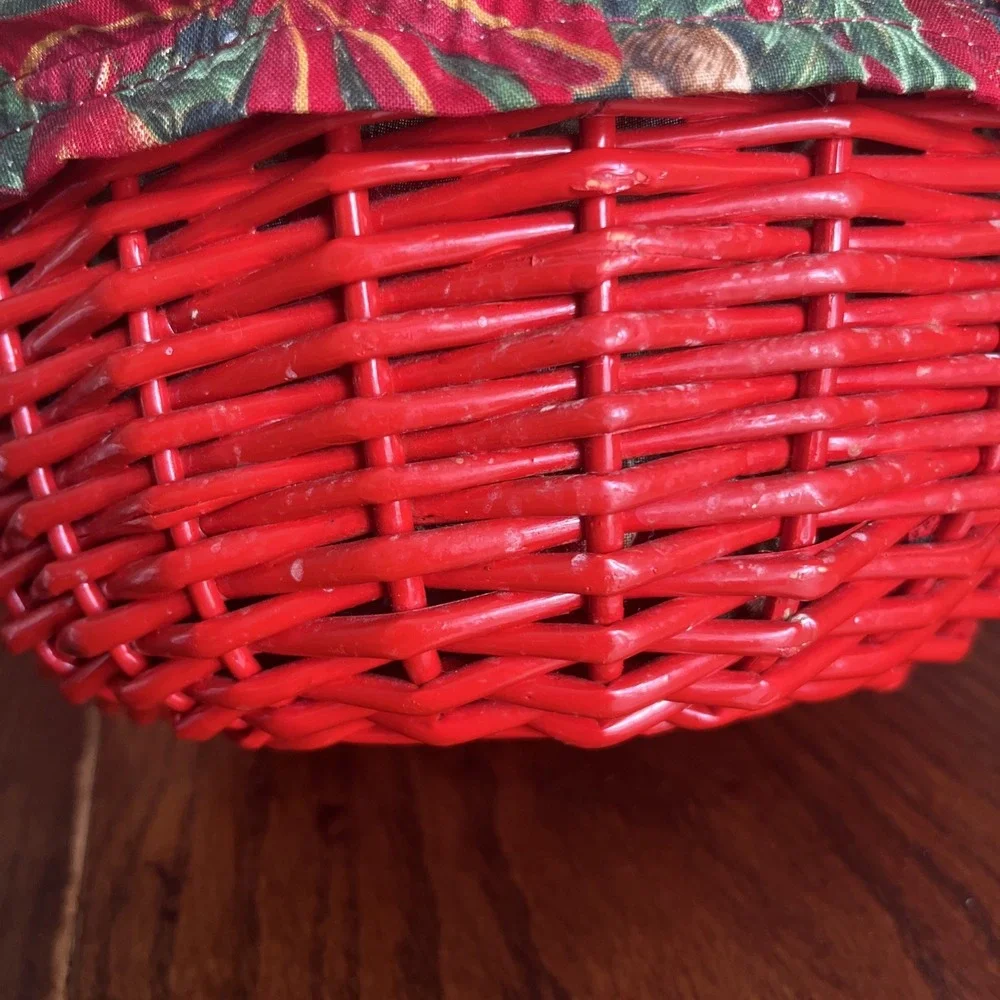 Red Christmas Apple And  Bow Wicker Basket With Removable Liner